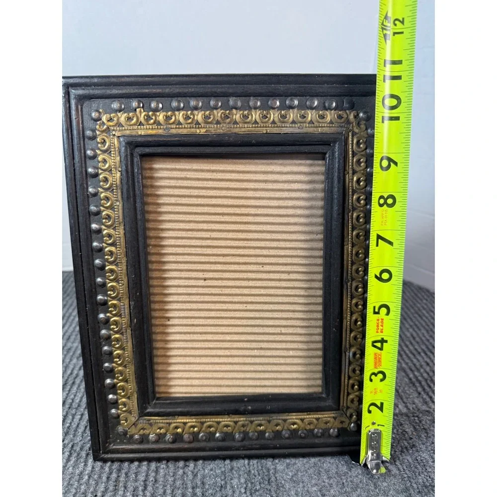 Vintage Black Wood Picture Frame Gold Brass Scrolled Inlay Studded 5x7 Opening